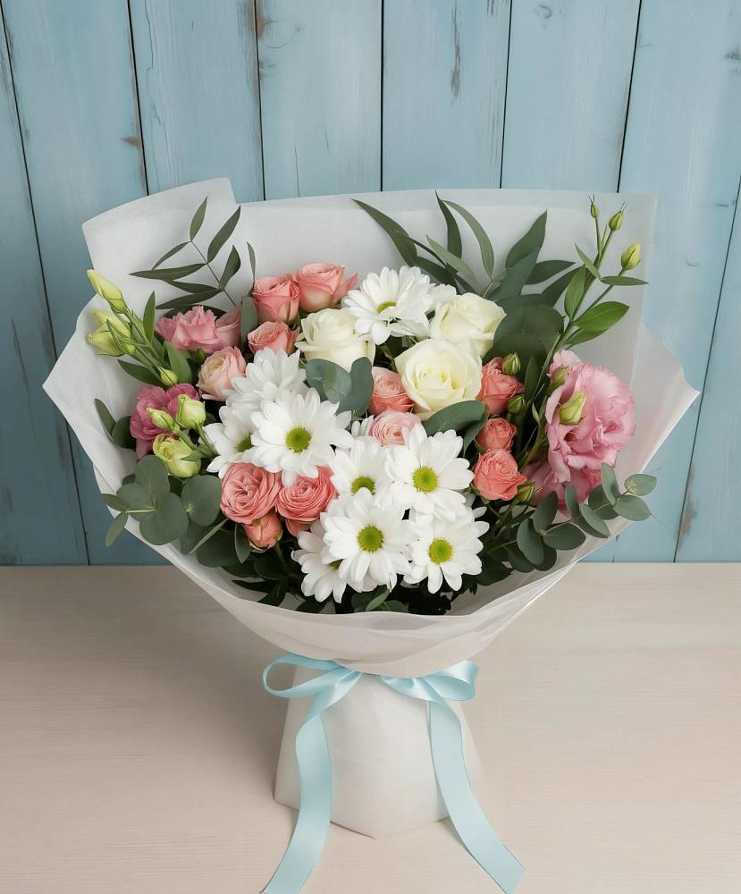 Букет цветов из: Розы, Лизиантусы и Хризантемы в Безопасном