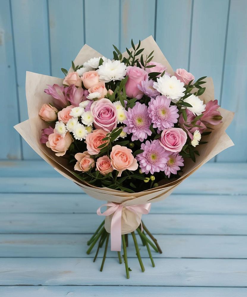 Букет цветов из: Хризантемы, Розы и Альстромерии в Безопасном