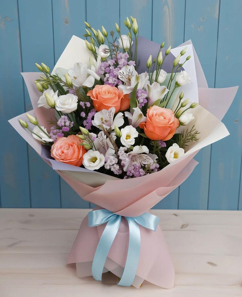 Букет цветов из: Лизиантусы, Розы, Альстромерии и Гипсофила в Безопасном