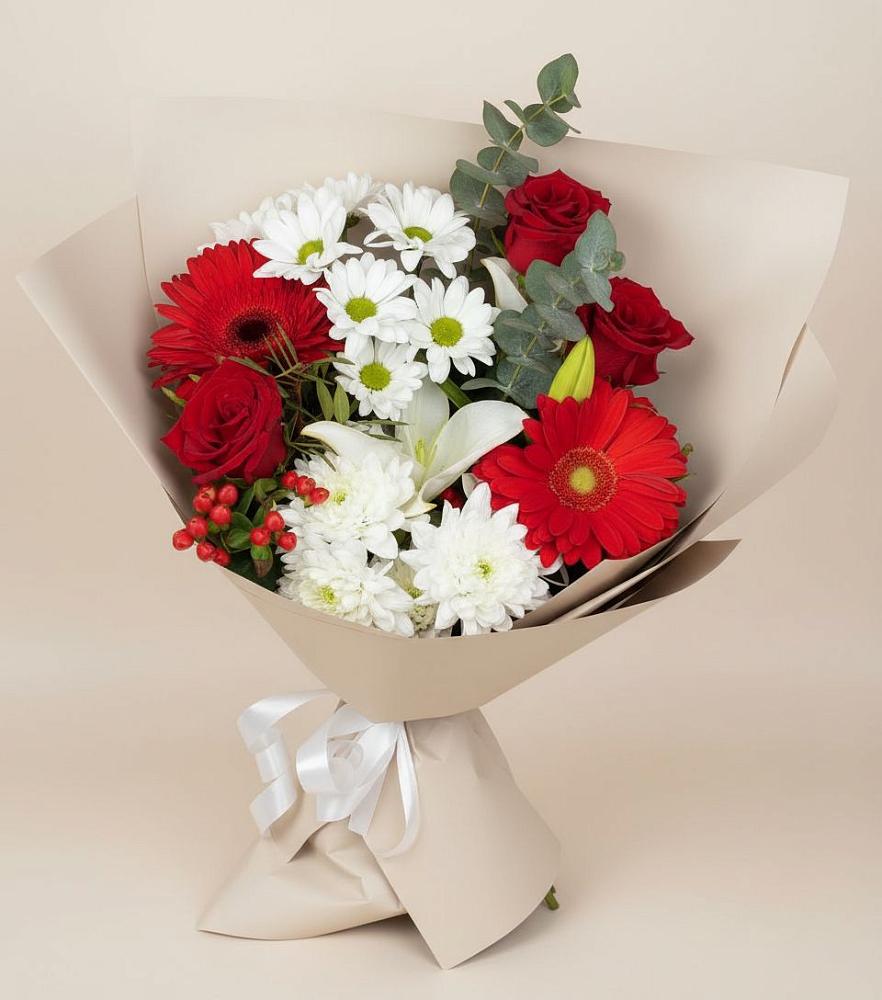 Букет цветов из: Розы, Хризантемы, Герберы и Лилии в Безопасном