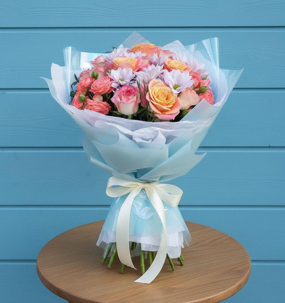 Букет цветов из: Хризантемы и Розы в Безопасном