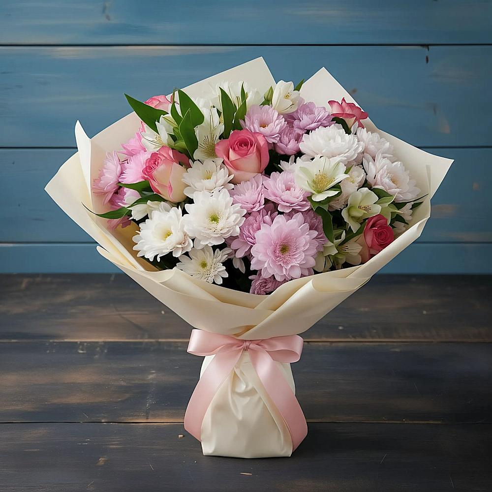 Букет цветов из: Хризантемы, Альстромерии и Розы в Безопасном